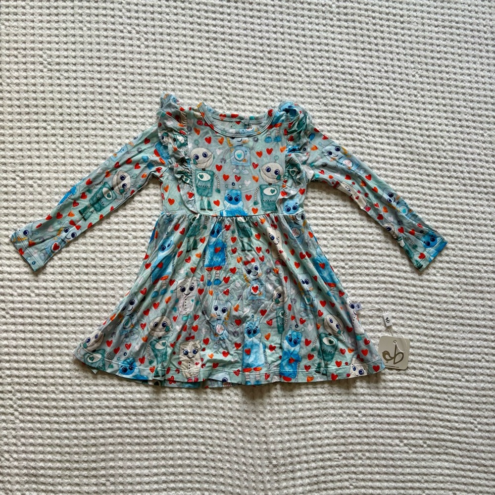 NWT Birdie Bean Roberto Blue Robot Hearts Long Sleeve Bamboo Twirl Dress:18-24M